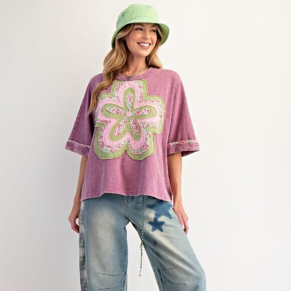 E22 Easel Dusty Magenta Pink Flower Patch Washed 100% Cotton Slub Top Oversized - Picture 5 of 5